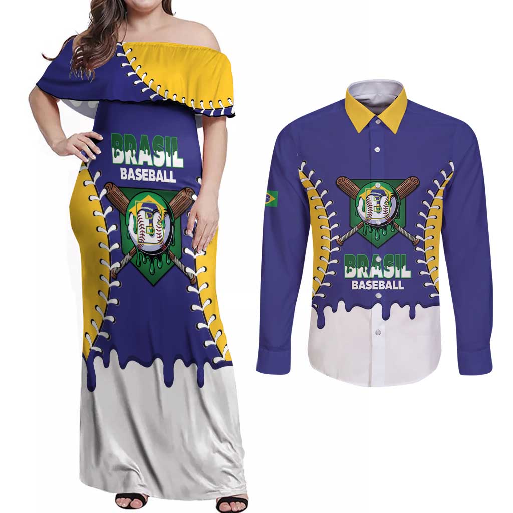 Brazil 2026 Baseball Custom Couples Matching Off Shoulder Maxi Dress and Long Sleeve Button Shirt Go Champions Drip Style