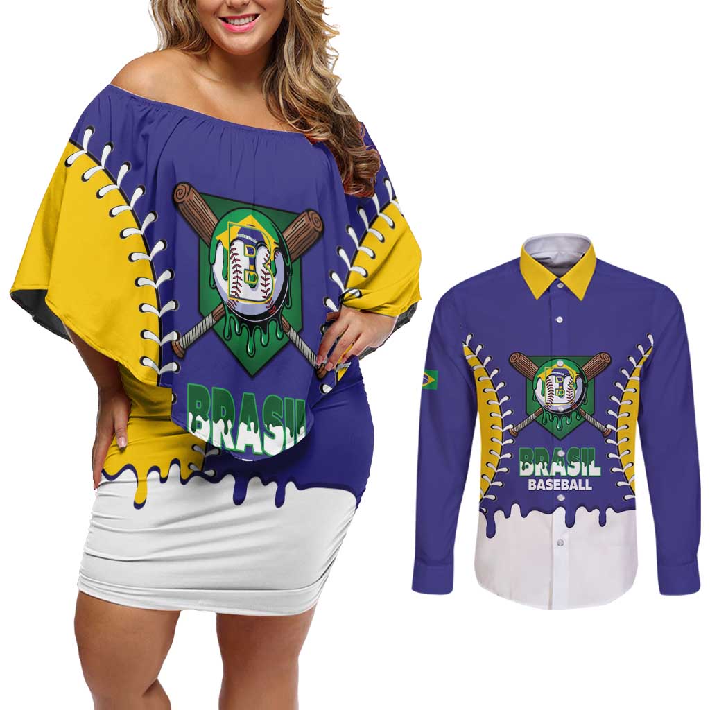 Brazil 2026 Baseball Custom Couples Matching Off Shoulder Short Dress and Long Sleeve Button Shirt Go Champions Drip Style