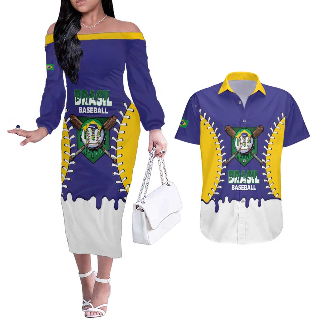 Brazil 2026 Baseball Custom Couples Matching Off The Shoulder Long Sleeve Dress and Hawaiian Shirt Go Champions Drip Style