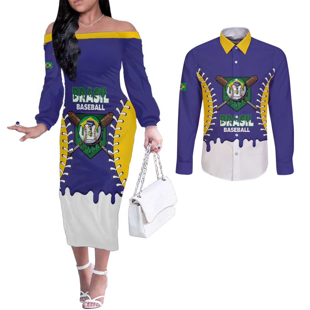 Brazil 2026 Baseball Custom Couples Matching Off The Shoulder Long Sleeve Dress and Long Sleeve Button Shirt Go Champions Drip Style