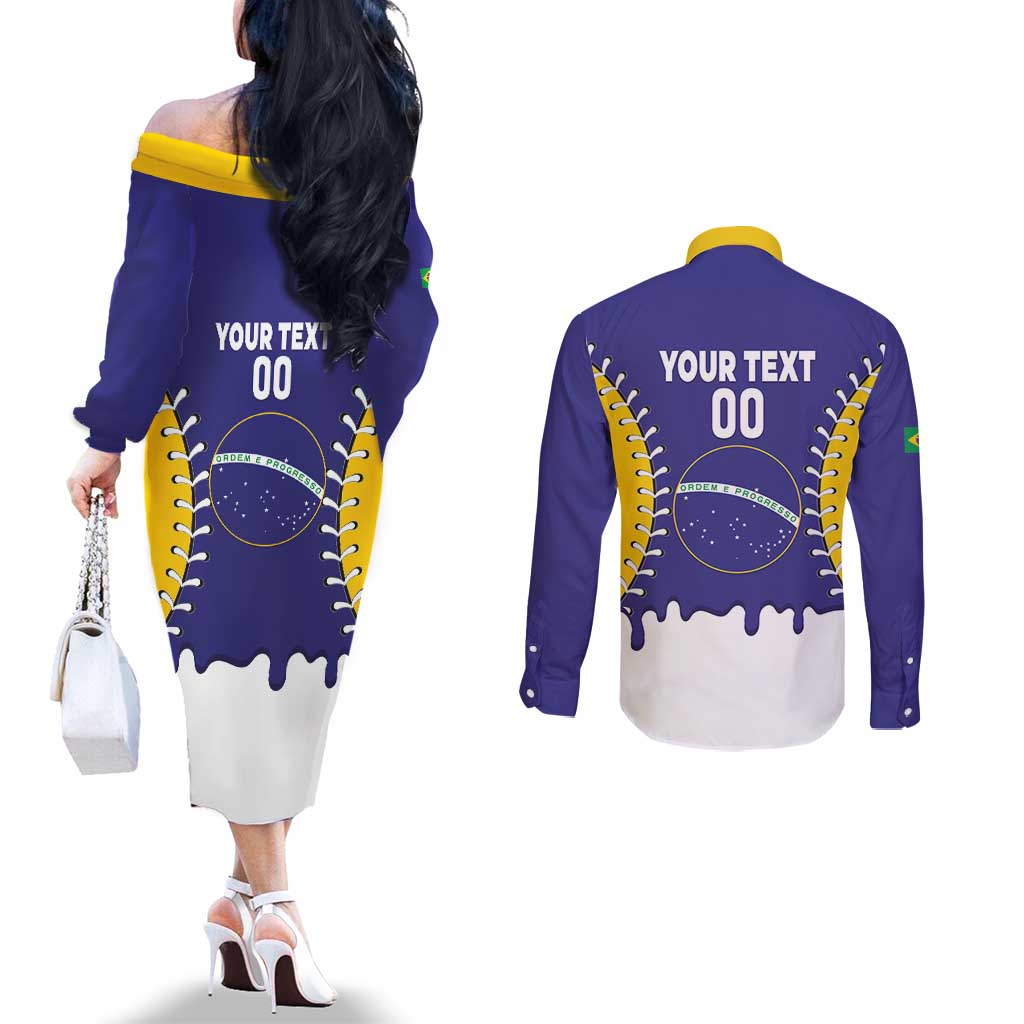 Brazil 2026 Baseball Custom Couples Matching Off The Shoulder Long Sleeve Dress and Long Sleeve Button Shirt Go Champions Drip Style