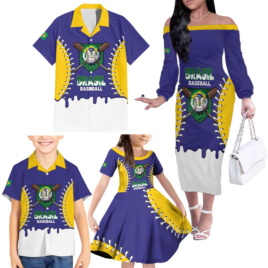 Brazil 2026 Baseball Custom Family Matching Off The Shoulder Long Sleeve Dress and Hawaiian Shirt Go Champions Drip Style