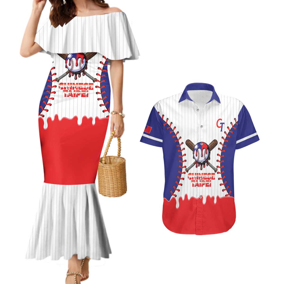 Chinese Taipei 2026 Baseball Custom Couples Matching Mermaid Dress and Hawaiian Shirt Go Taiwan Drip Style