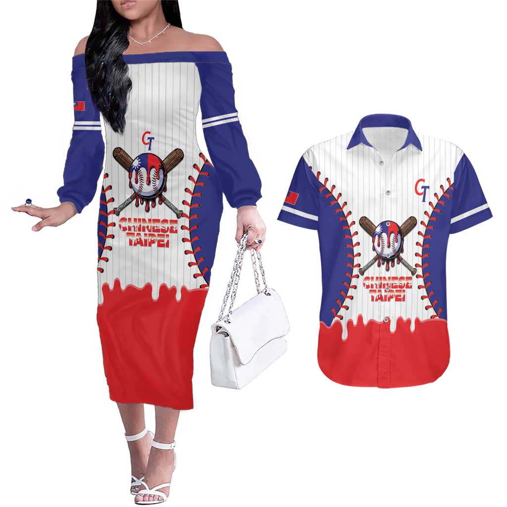 Chinese Taipei 2026 Baseball Custom Couples Matching Off The Shoulder Long Sleeve Dress and Hawaiian Shirt Go Taiwan Drip Style