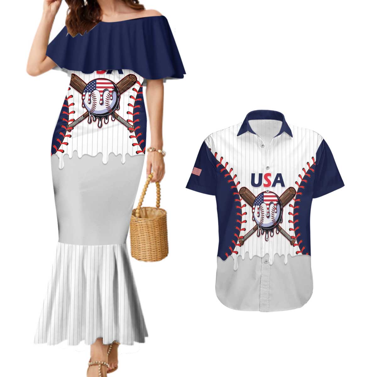 United States 2026 Baseball Custom Couples Matching Mermaid Dress and Hawaiian Shirt Go USA Drip Style