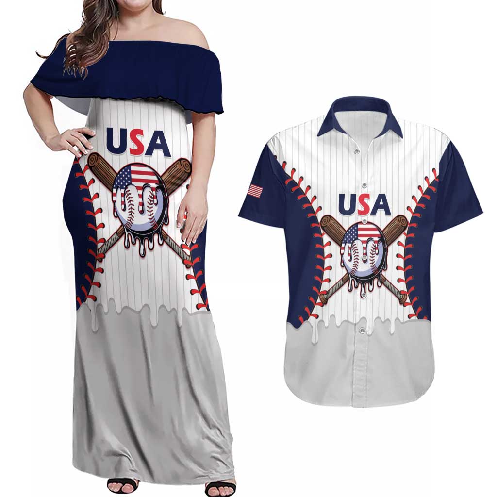United States 2026 Baseball Custom Couples Matching Off Shoulder Maxi Dress and Hawaiian Shirt Go USA Drip Style