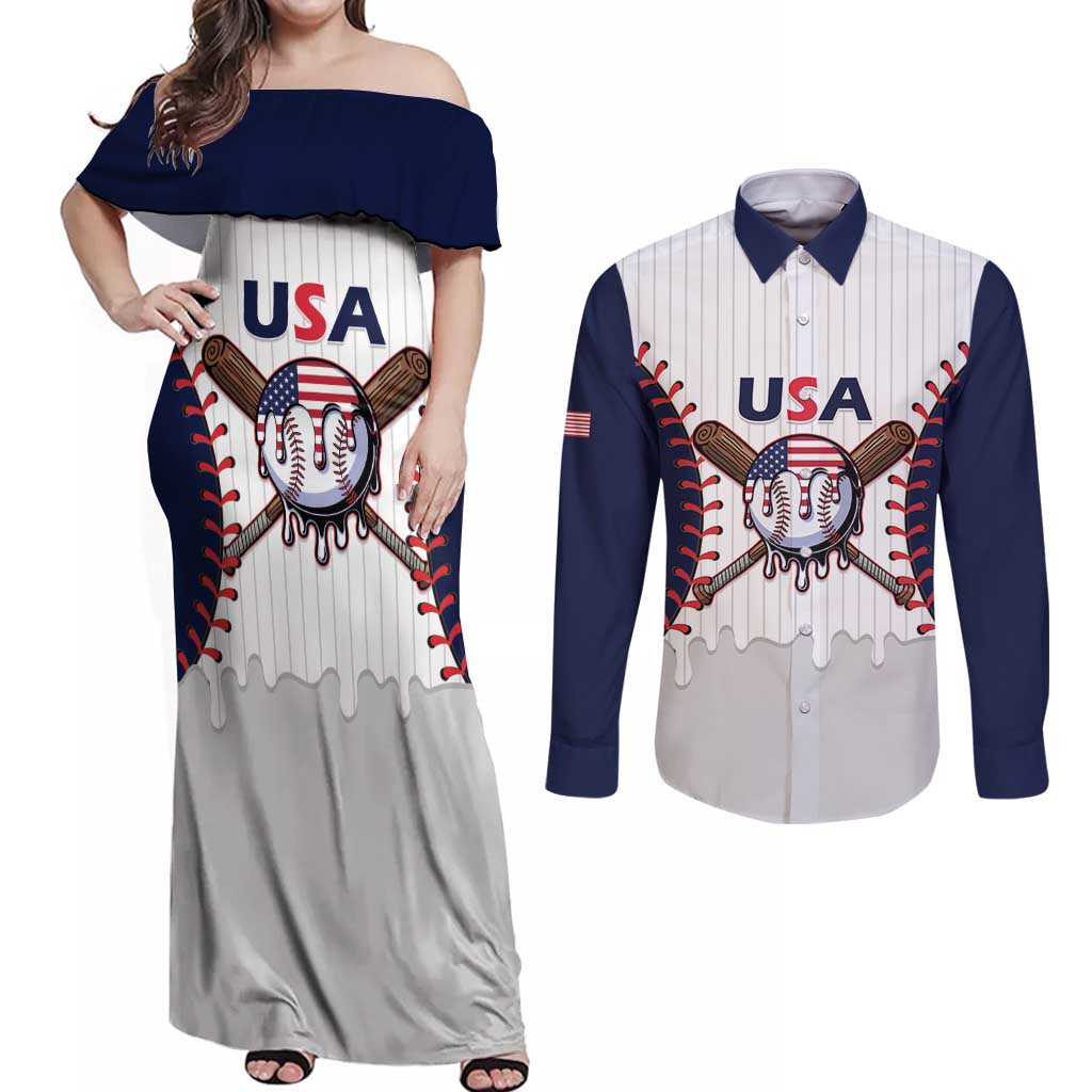 United States 2026 Baseball Custom Couples Matching Off Shoulder Maxi Dress and Long Sleeve Button Shirt Go USA Drip Style