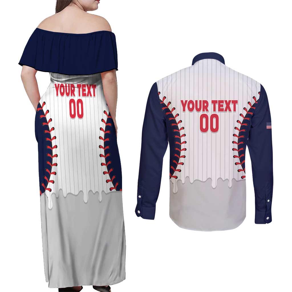 United States 2026 Baseball Custom Couples Matching Off Shoulder Maxi Dress and Long Sleeve Button Shirt Go USA Drip Style
