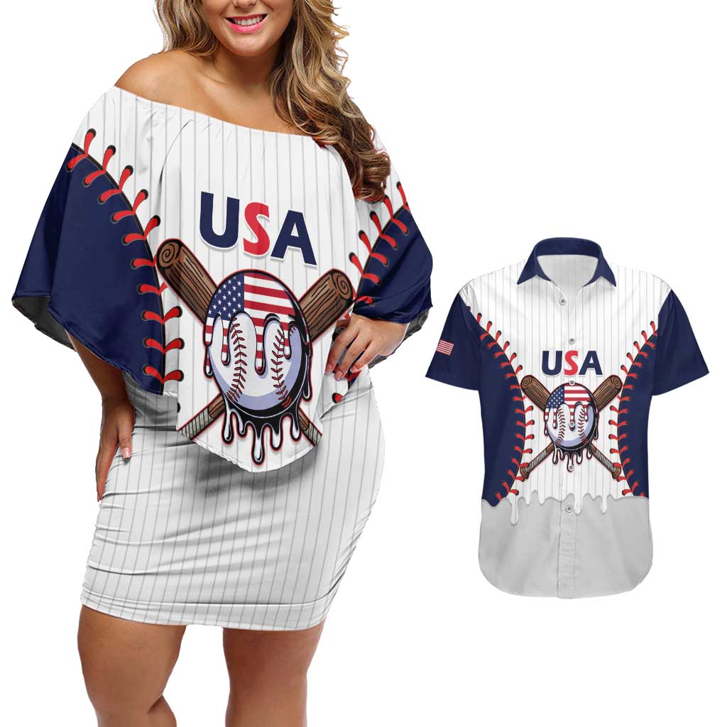United States 2026 Baseball Custom Couples Matching Off Shoulder Short Dress and Hawaiian Shirt Go USA Drip Style