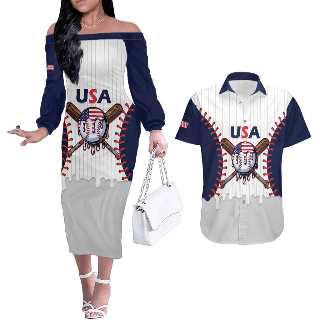United States 2026 Baseball Custom Couples Matching Off The Shoulder Long Sleeve Dress and Hawaiian Shirt Go USA Drip Style