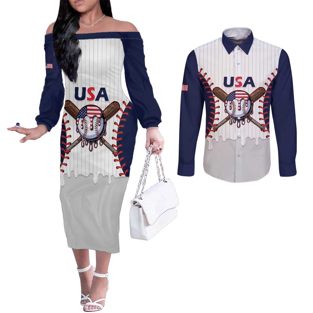 United States 2026 Baseball Custom Couples Matching Off The Shoulder Long Sleeve Dress and Long Sleeve Button Shirt Go USA Drip Style