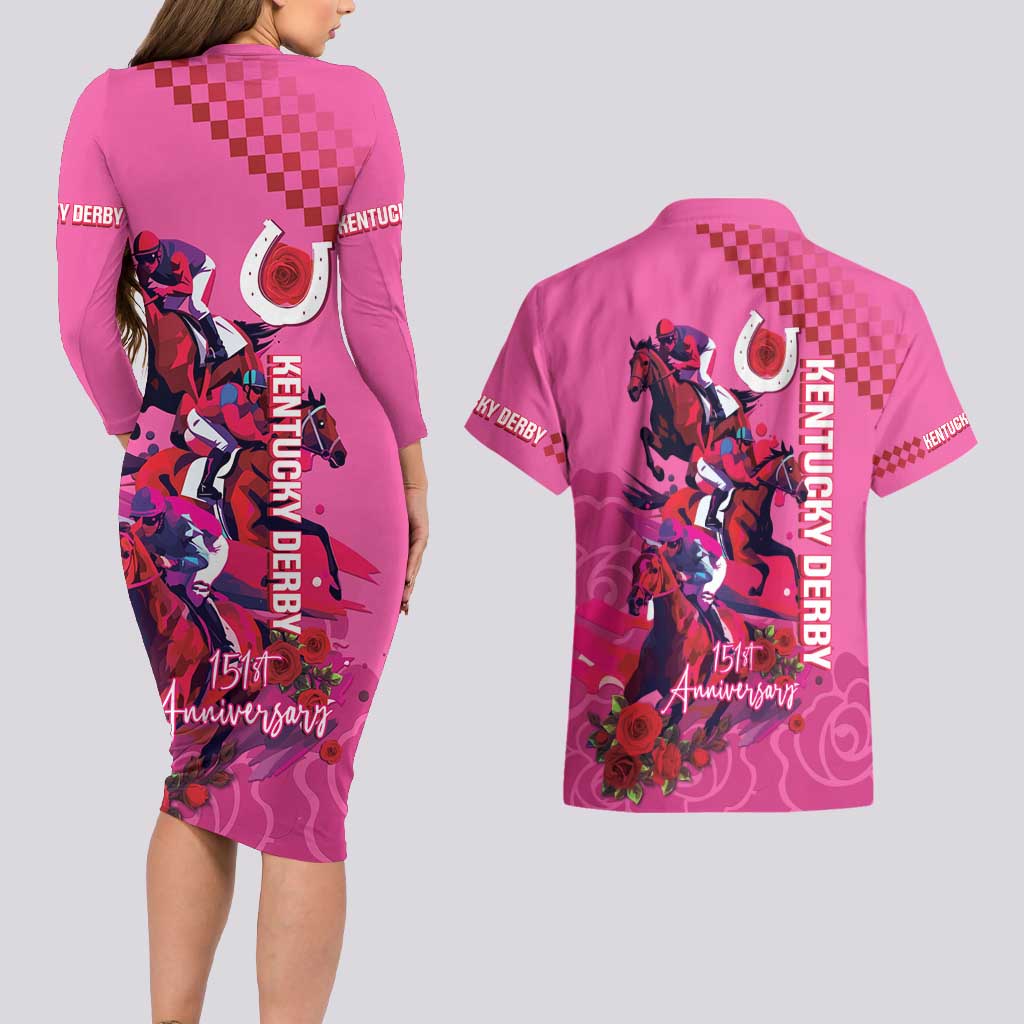 Kentucky Horse Racing Couples Matching Long Sleeve Bodycon Dress and Hawaiian Shirt 151st Anniversary With Roses - Pink Version LT14