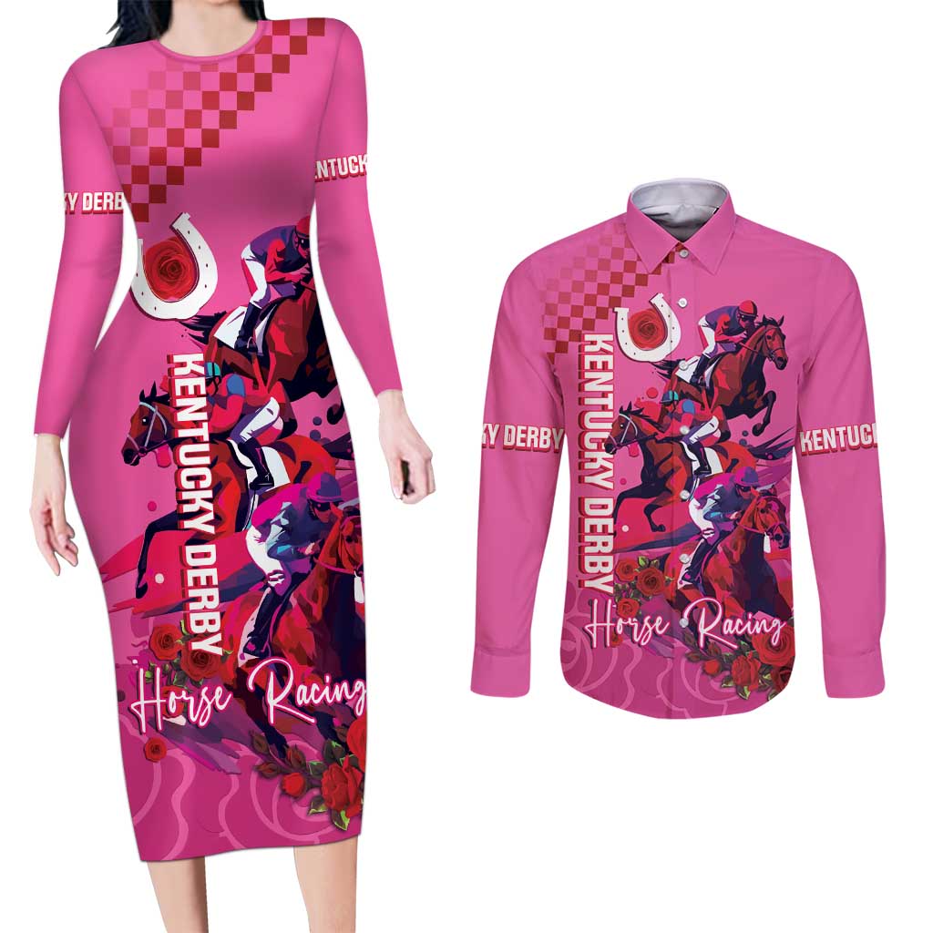 Kentucky Horse Racing Couples Matching Long Sleeve Bodycon Dress and Long Sleeve Button Shirt 151st Anniversary With Roses - Pink Version LT14