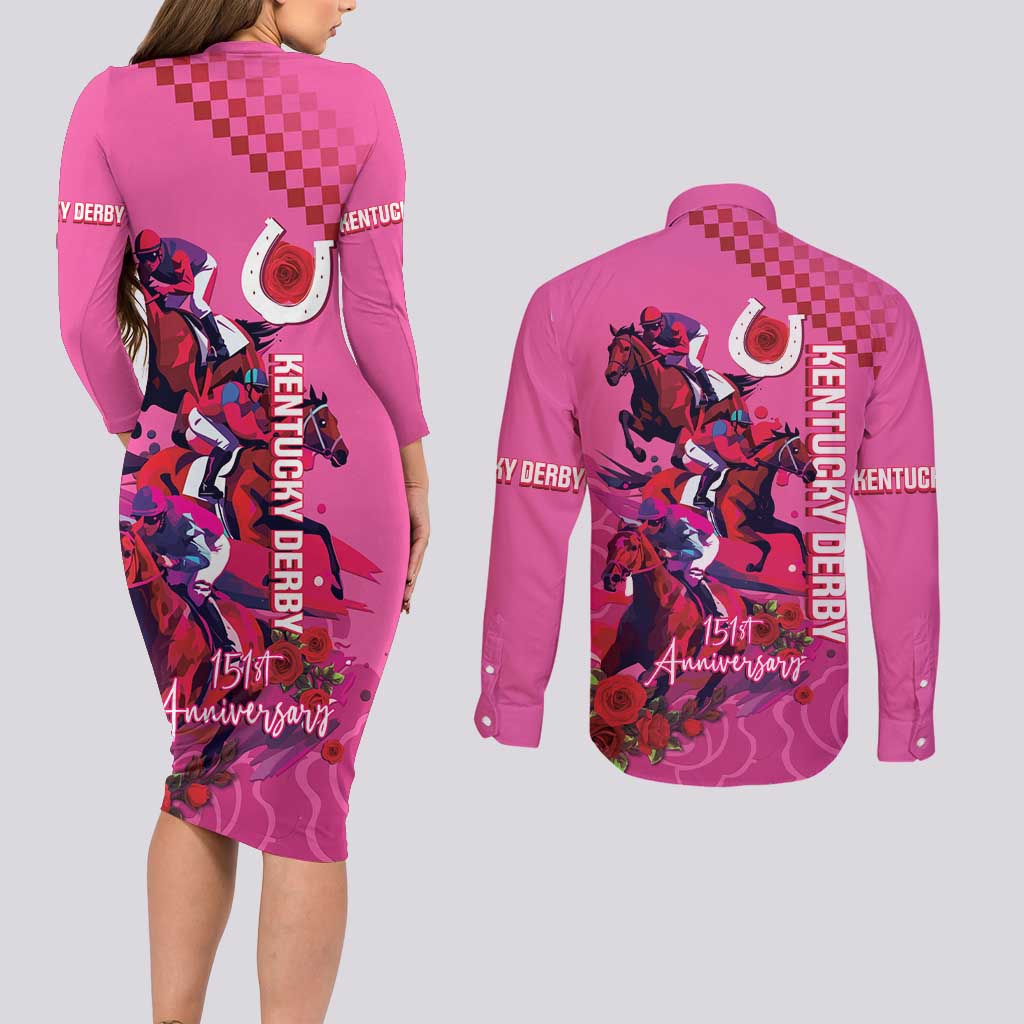 Kentucky Horse Racing Couples Matching Long Sleeve Bodycon Dress and Long Sleeve Button Shirt 151st Anniversary With Roses - Pink Version LT14