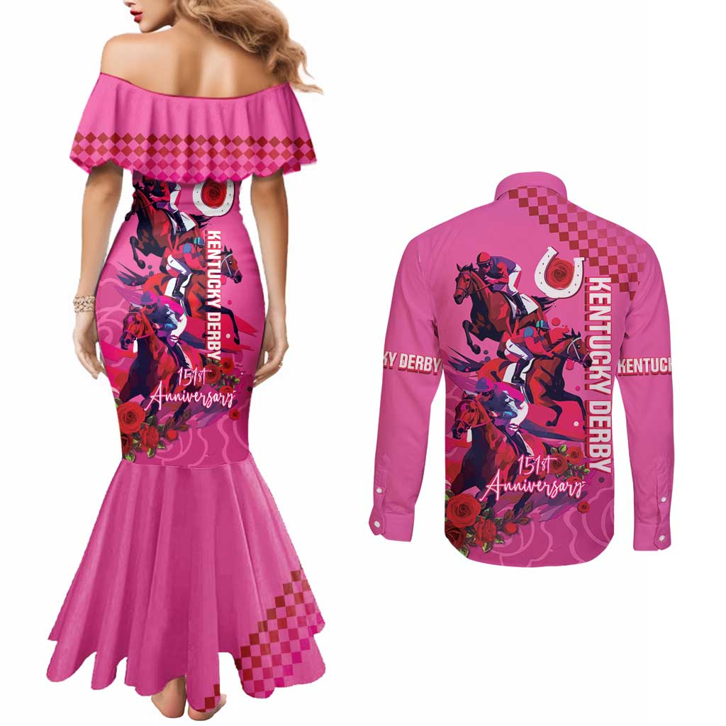 Kentucky Horse Racing Couples Matching Mermaid Dress and Long Sleeve Button Shirt 151st Anniversary With Roses - Pink Version LT14