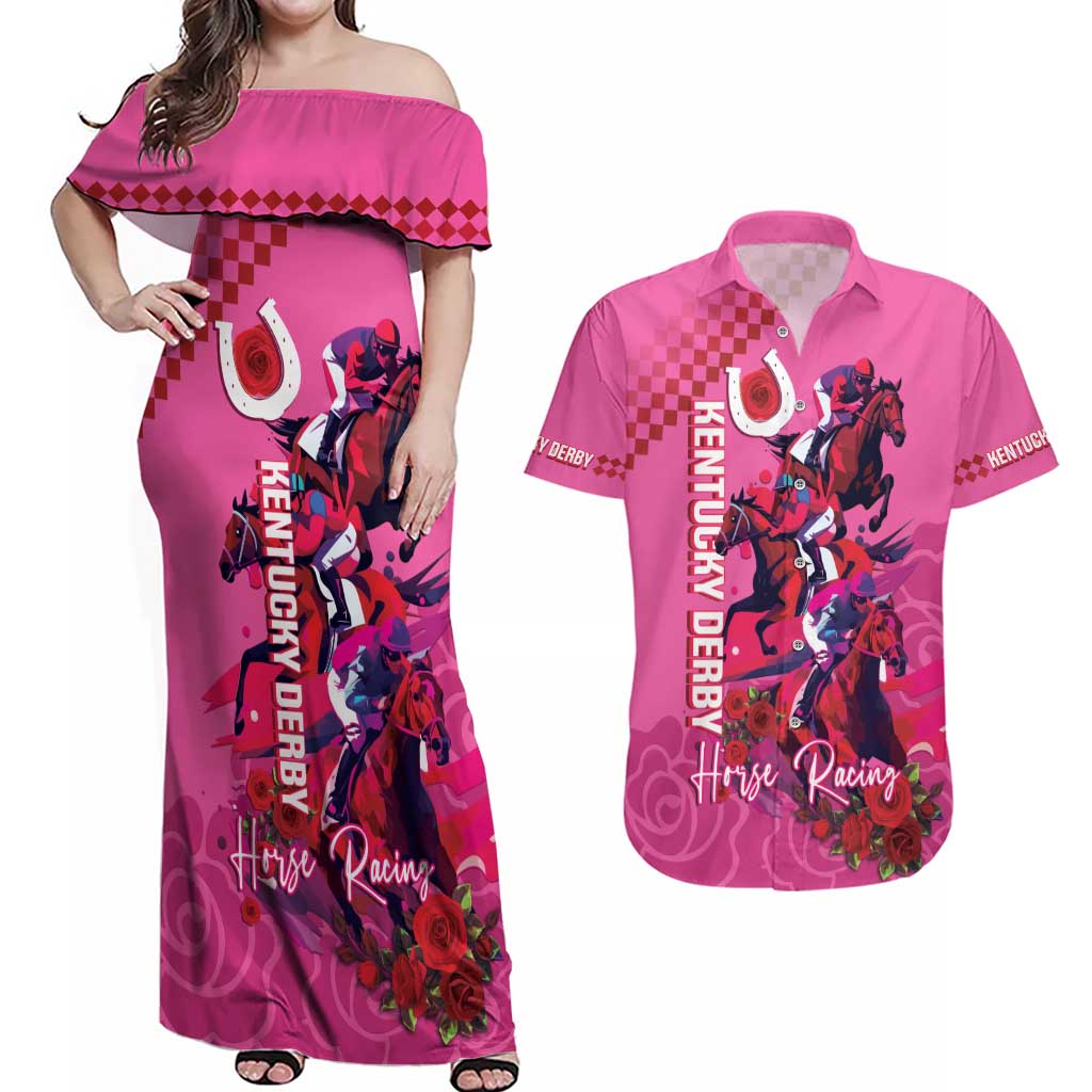 Kentucky Horse Racing Couples Matching Off Shoulder Maxi Dress and Hawaiian Shirt 151st Anniversary With Roses - Pink Version LT14