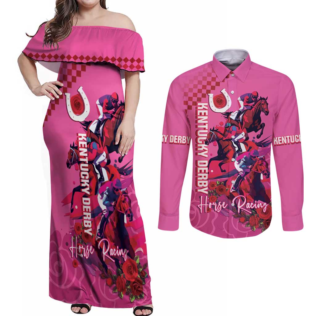 Kentucky Horse Racing Couples Matching Off Shoulder Maxi Dress and Long Sleeve Button Shirt 151st Anniversary With Roses - Pink Version LT14