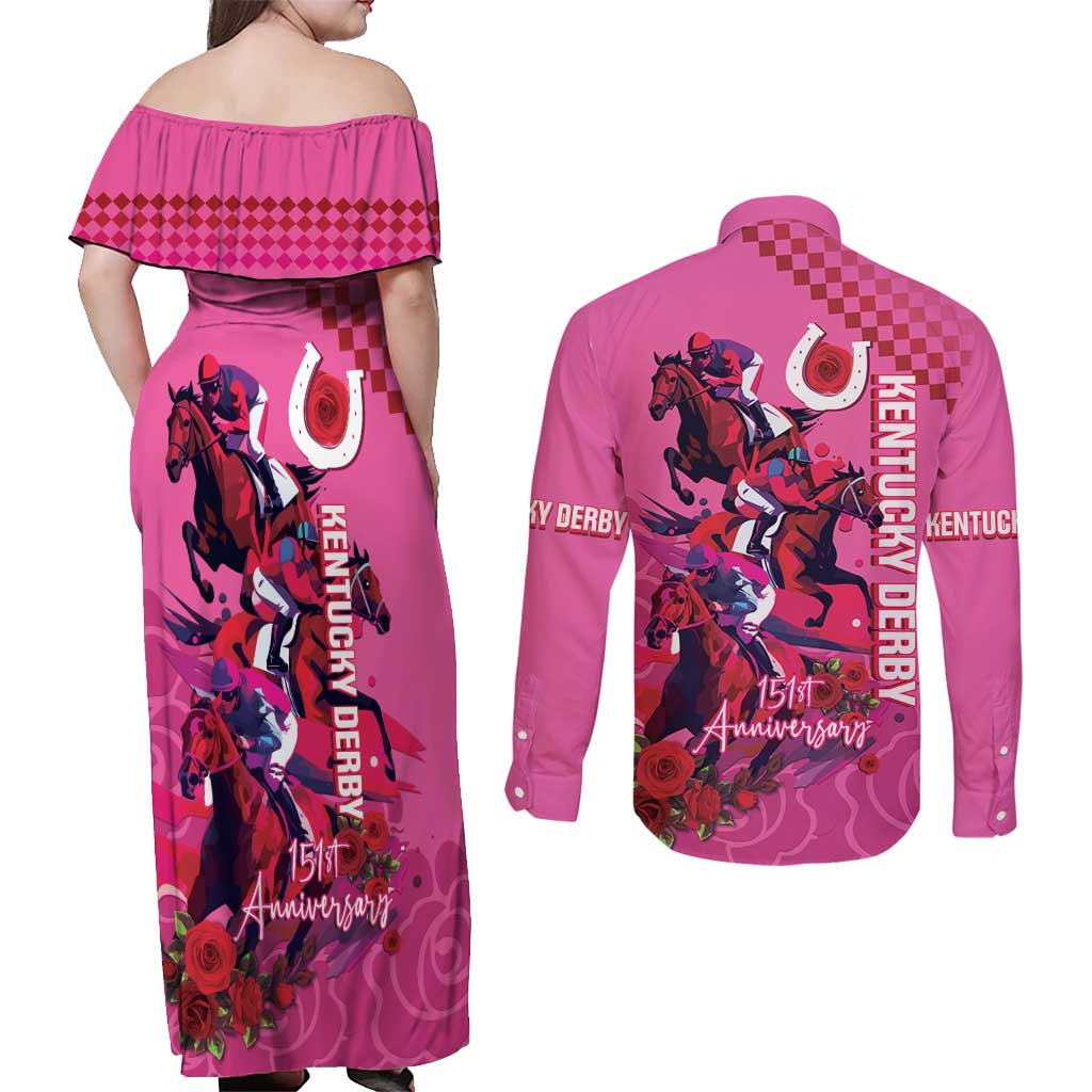 Kentucky Horse Racing Couples Matching Off Shoulder Maxi Dress and Long Sleeve Button Shirt 151st Anniversary With Roses - Pink Version LT14