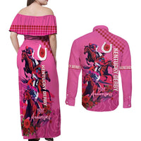 Kentucky Horse Racing Couples Matching Off Shoulder Maxi Dress and Long Sleeve Button Shirt 151st Anniversary With Roses - Pink Version LT14