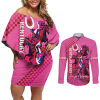 Kentucky Horse Racing Couples Matching Off Shoulder Short Dress and Long Sleeve Button Shirt 151st Anniversary With Roses - Pink Version LT14