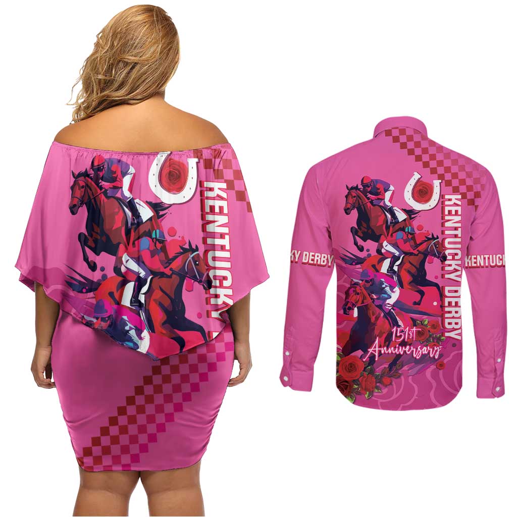 Kentucky Horse Racing Couples Matching Off Shoulder Short Dress and Long Sleeve Button Shirt 151st Anniversary With Roses - Pink Version LT14