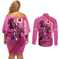 Kentucky Horse Racing Couples Matching Off Shoulder Short Dress and Long Sleeve Button Shirt 151st Anniversary With Roses - Pink Version LT14