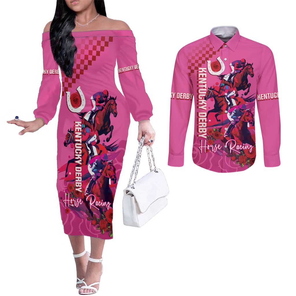 Kentucky Horse Racing Couples Matching Off The Shoulder Long Sleeve Dress and Long Sleeve Button Shirt 151st Anniversary With Roses - Pink Version LT14