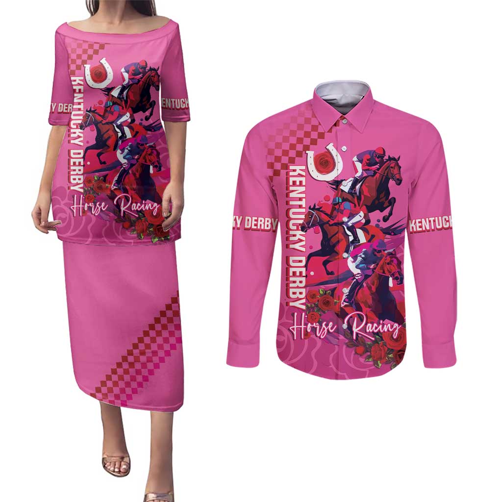 Kentucky Horse Racing Couples Matching Puletasi and Long Sleeve Button Shirt 151st Anniversary With Roses - Pink Version LT14