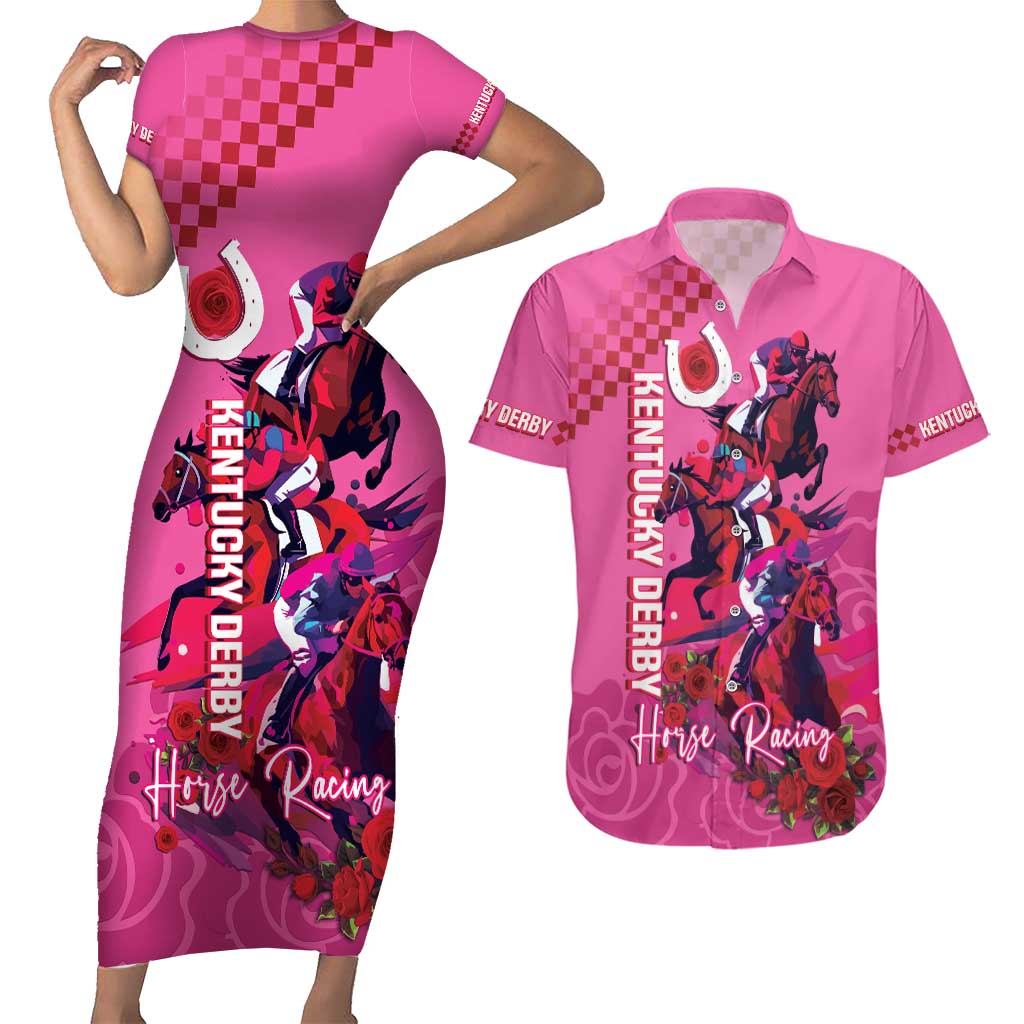 Kentucky Horse Racing Couples Matching Short Sleeve Bodycon Dress and Hawaiian Shirt 151st Anniversary With Roses - Pink Version LT14
