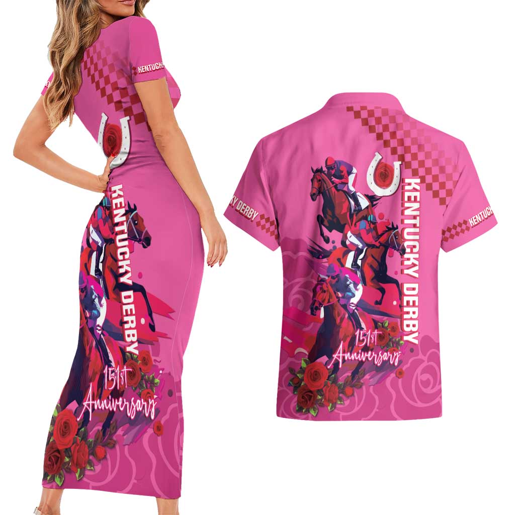 Kentucky Horse Racing Couples Matching Short Sleeve Bodycon Dress and Hawaiian Shirt 151st Anniversary With Roses - Pink Version LT14