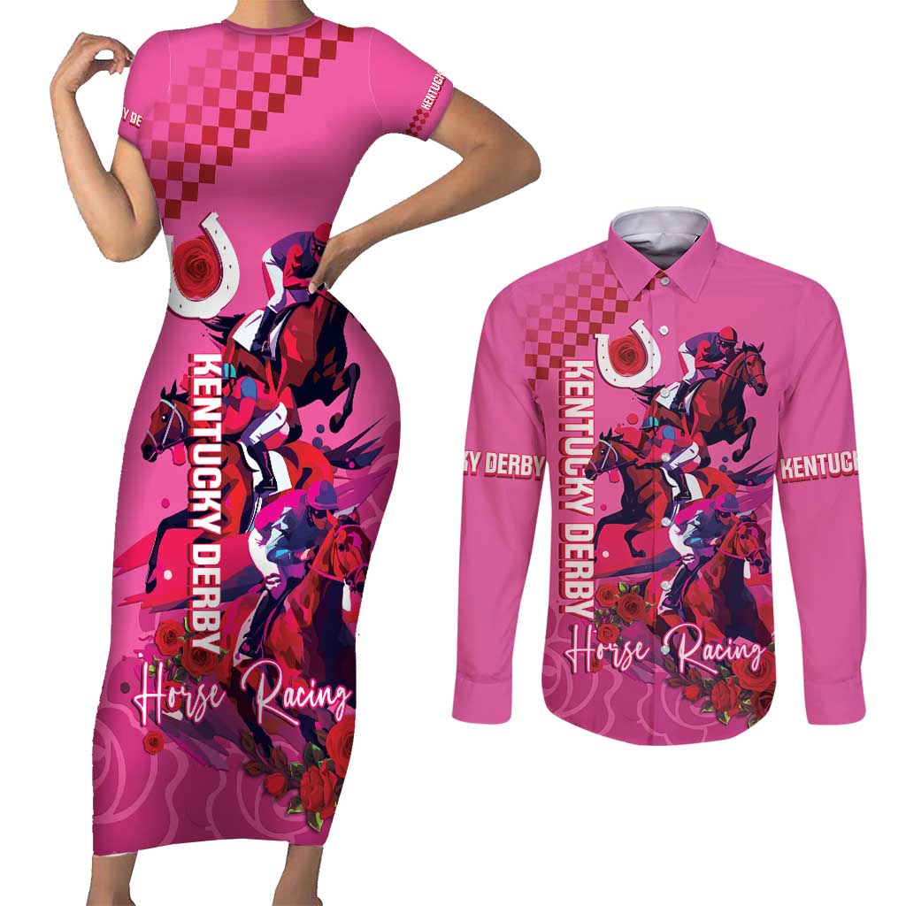 Kentucky Horse Racing Couples Matching Short Sleeve Bodycon Dress and Long Sleeve Button Shirt 151st Anniversary With Roses - Pink Version LT14