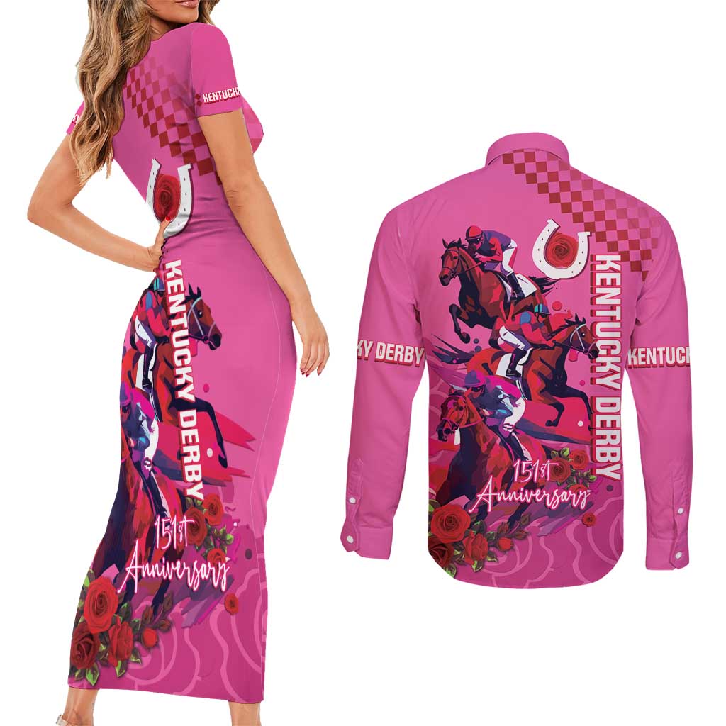 Kentucky Horse Racing Couples Matching Short Sleeve Bodycon Dress and Long Sleeve Button Shirt 151st Anniversary With Roses - Pink Version LT14