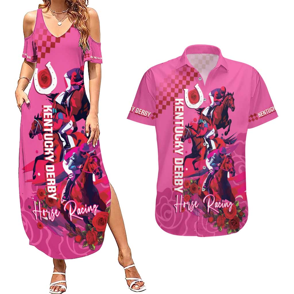 Kentucky Horse Racing Couples Matching Summer Maxi Dress and Hawaiian Shirt 151st Anniversary With Roses - Pink Version LT14