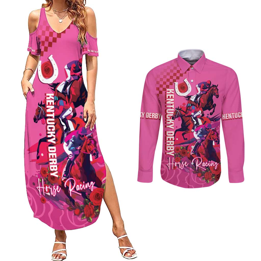 Kentucky Horse Racing Couples Matching Summer Maxi Dress and Long Sleeve Button Shirt 151st Anniversary With Roses - Pink Version LT14