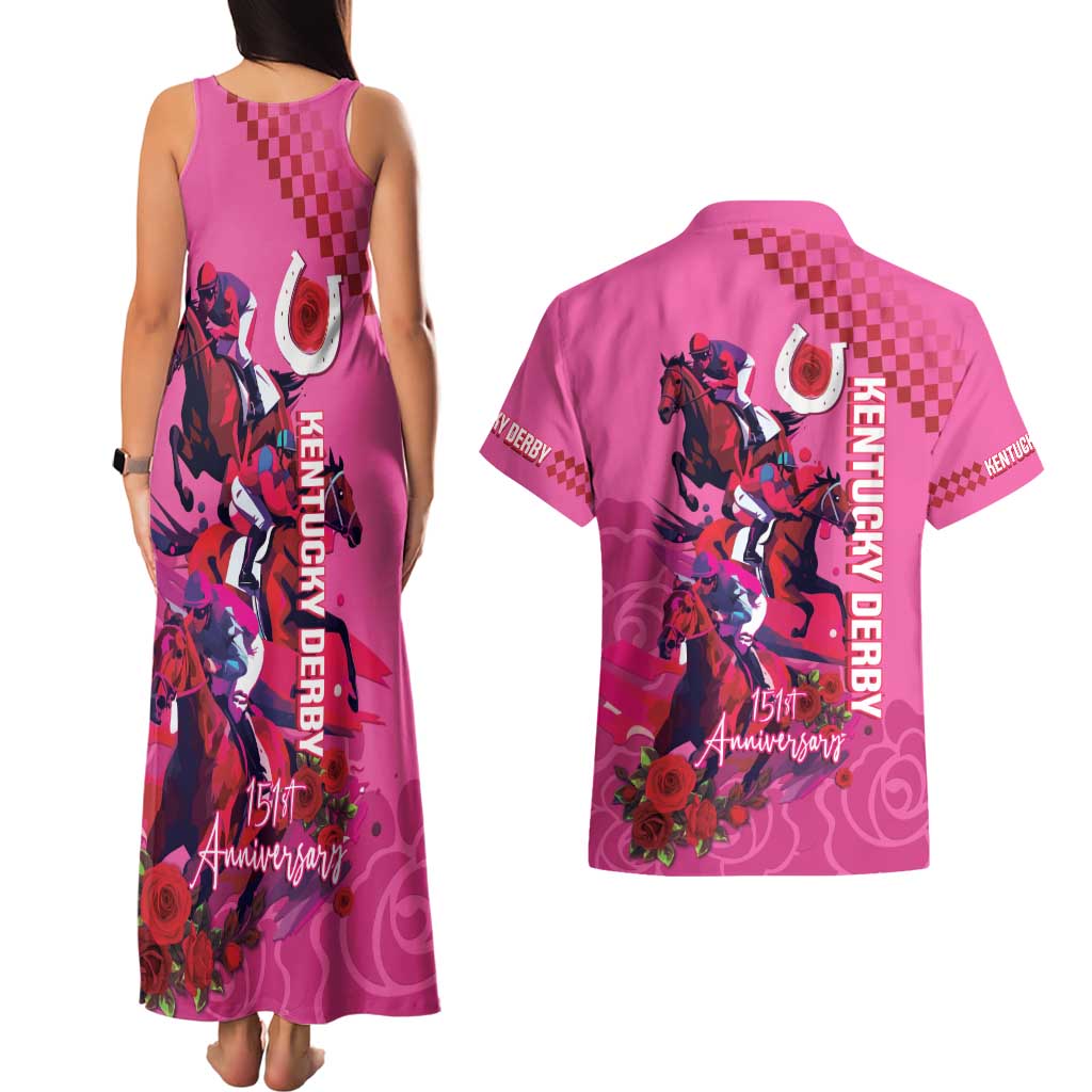 Kentucky Horse Racing Couples Matching Tank Maxi Dress and Hawaiian Shirt 151st Anniversary With Roses - Pink Version LT14