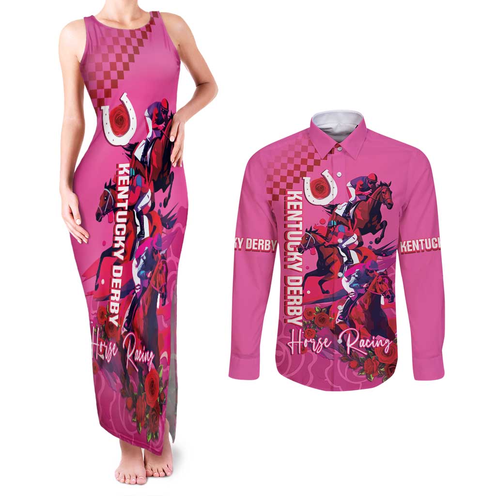 Kentucky Horse Racing Couples Matching Tank Maxi Dress and Long Sleeve Button Shirt 151st Anniversary With Roses - Pink Version LT14