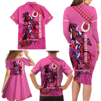 Kentucky Horse Racing Family Matching Long Sleeve Bodycon Dress and Hawaiian Shirt 151st Anniversary With Roses - Pink Version LT14