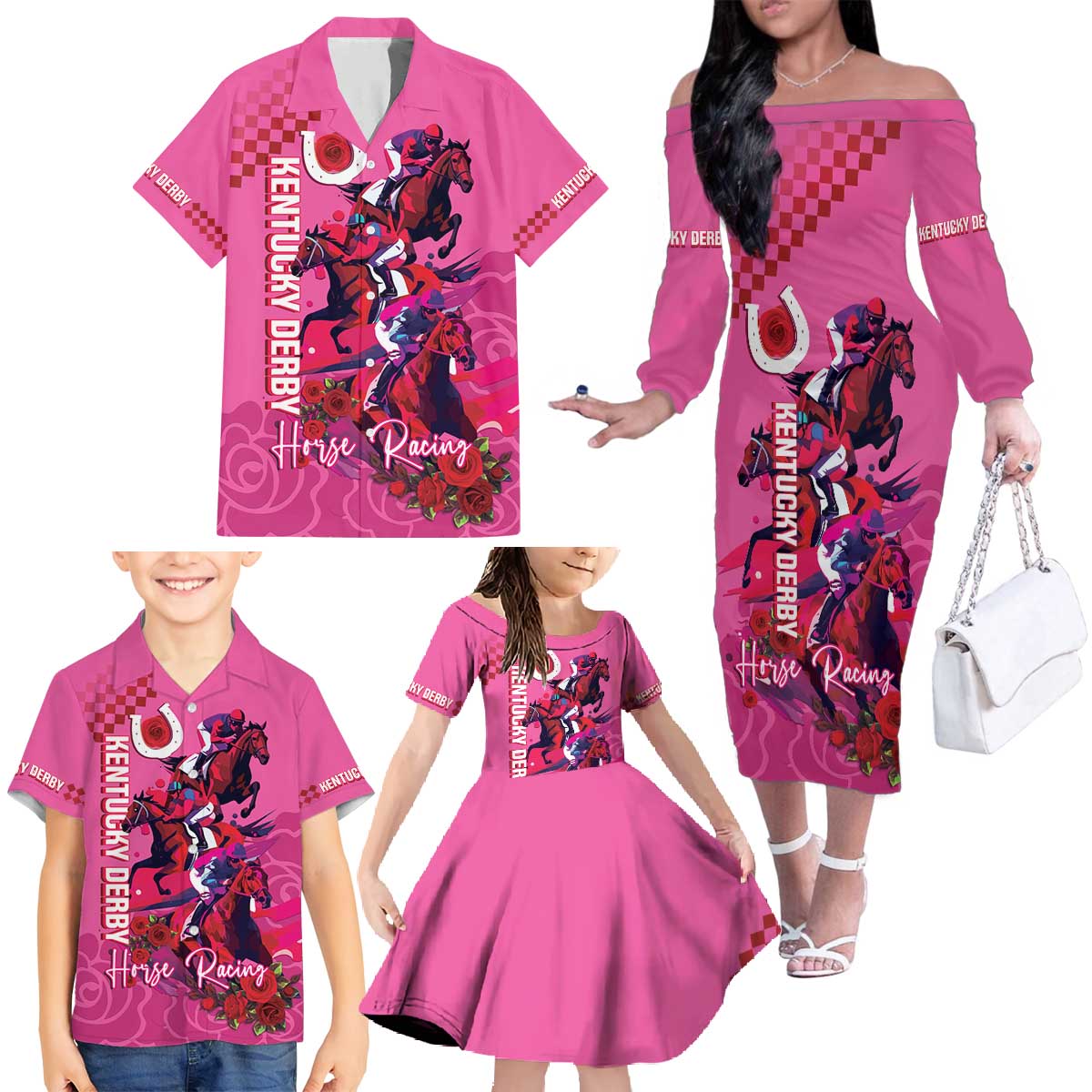 Kentucky Horse Racing Family Matching Off Shoulder Long Sleeve Dress and Hawaiian Shirt 151st Anniversary With Roses - Pink Version LT14