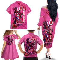 Kentucky Horse Racing Family Matching Off Shoulder Long Sleeve Dress and Hawaiian Shirt 151st Anniversary With Roses - Pink Version LT14