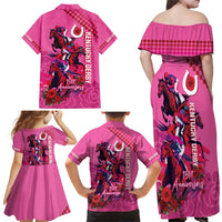 Kentucky Horse Racing Family Matching Off Shoulder Maxi Dress and Hawaiian Shirt 151st Anniversary With Roses - Pink Version LT14