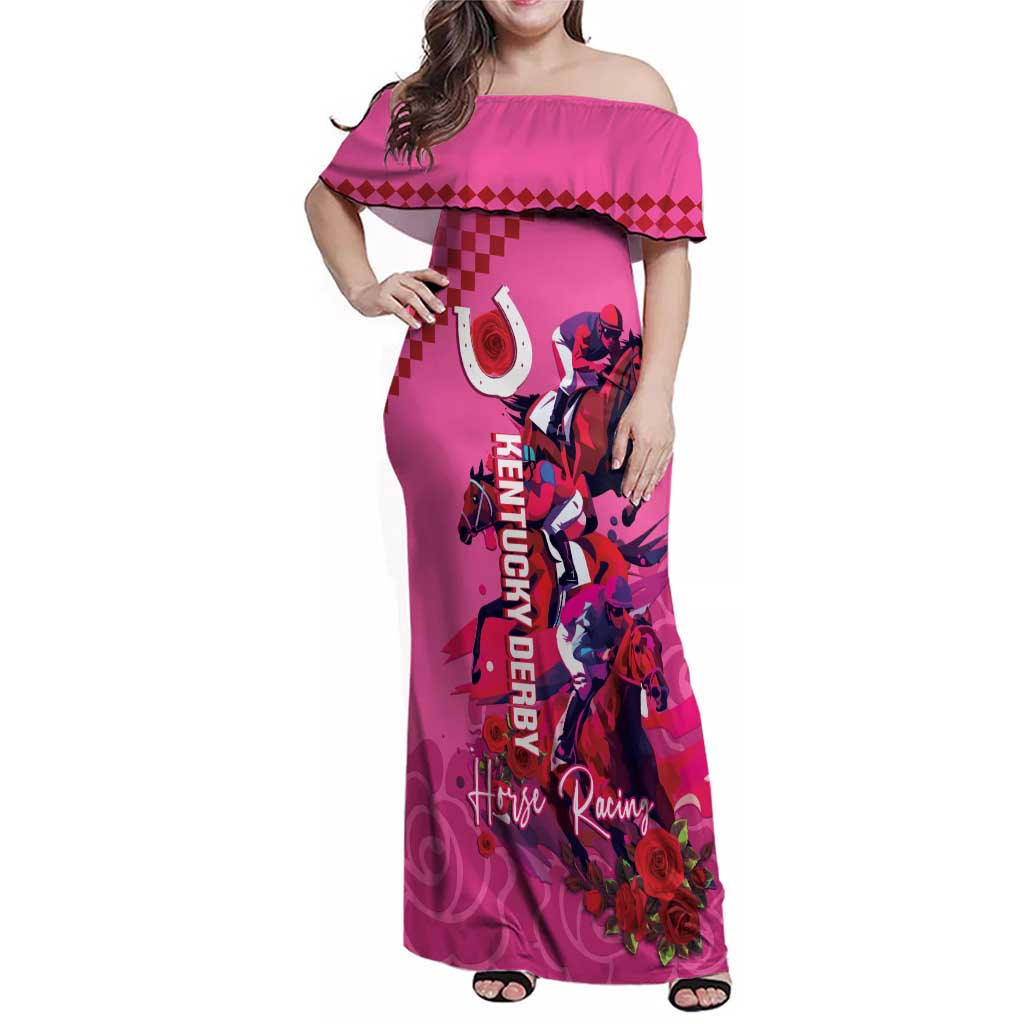 Kentucky Horse Racing Family Matching Off Shoulder Maxi Dress and Hawaiian Shirt 151st Anniversary With Roses - Pink Version LT14