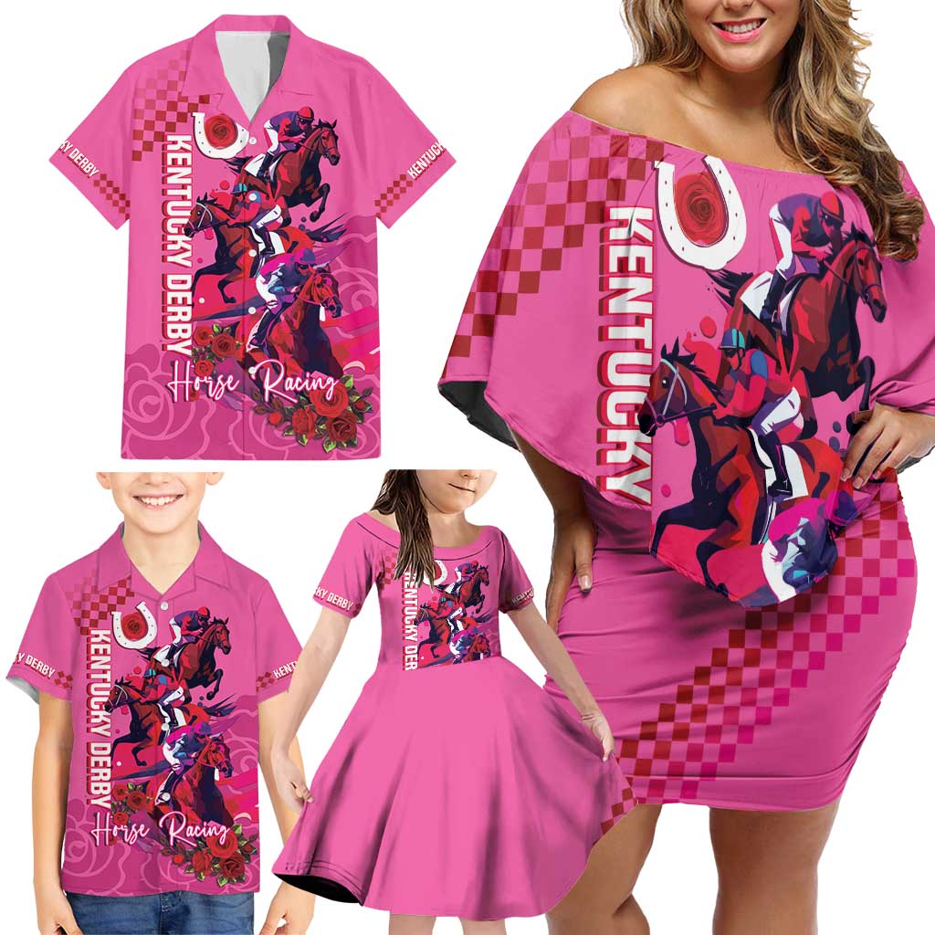 Kentucky Horse Racing Family Matching Off Shoulder Short Dress and Hawaiian Shirt 151st Anniversary With Roses - Pink Version LT14