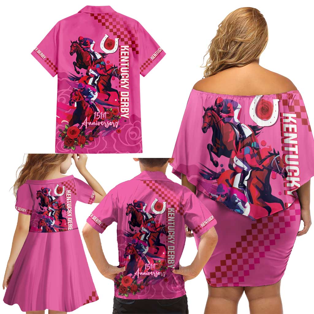 Kentucky Horse Racing Family Matching Off Shoulder Short Dress and Hawaiian Shirt 151st Anniversary With Roses - Pink Version LT14