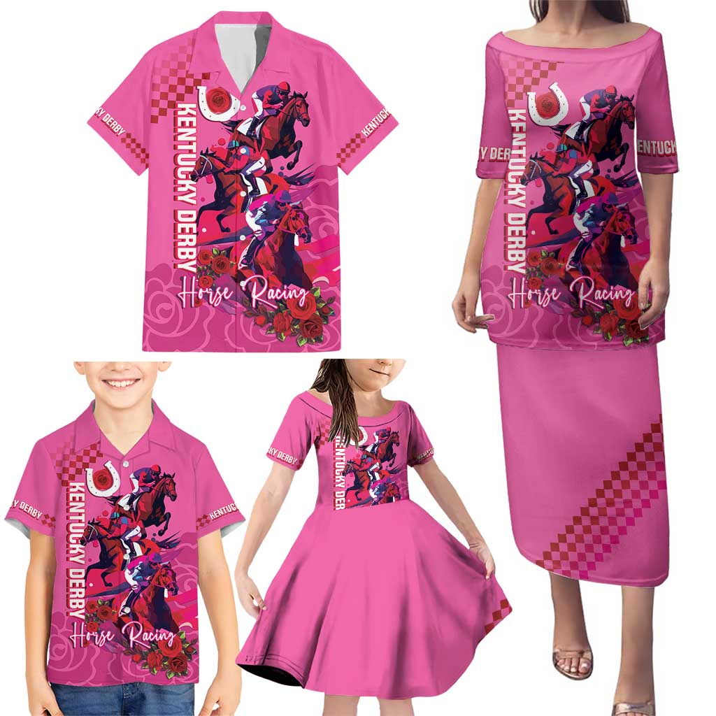 Kentucky Horse Racing Family Matching Puletasi and Hawaiian Shirt 151st Anniversary With Roses - Pink Version LT14