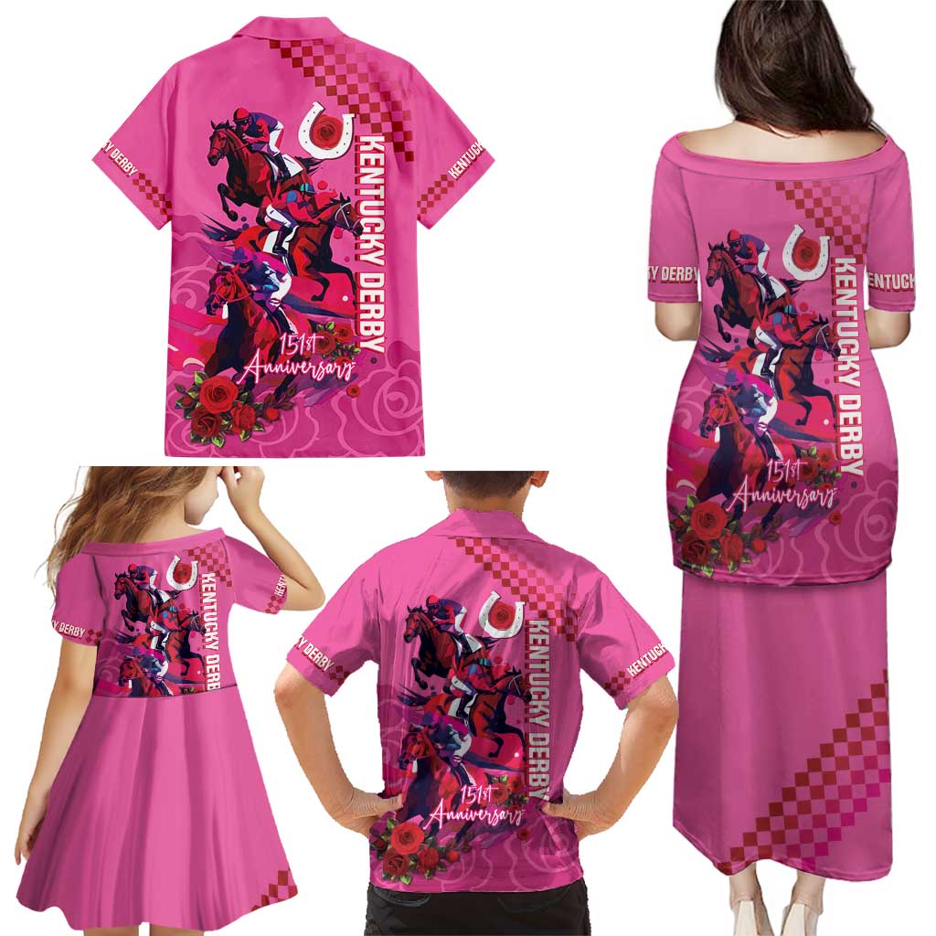 Kentucky Horse Racing Family Matching Puletasi and Hawaiian Shirt 151st Anniversary With Roses - Pink Version LT14