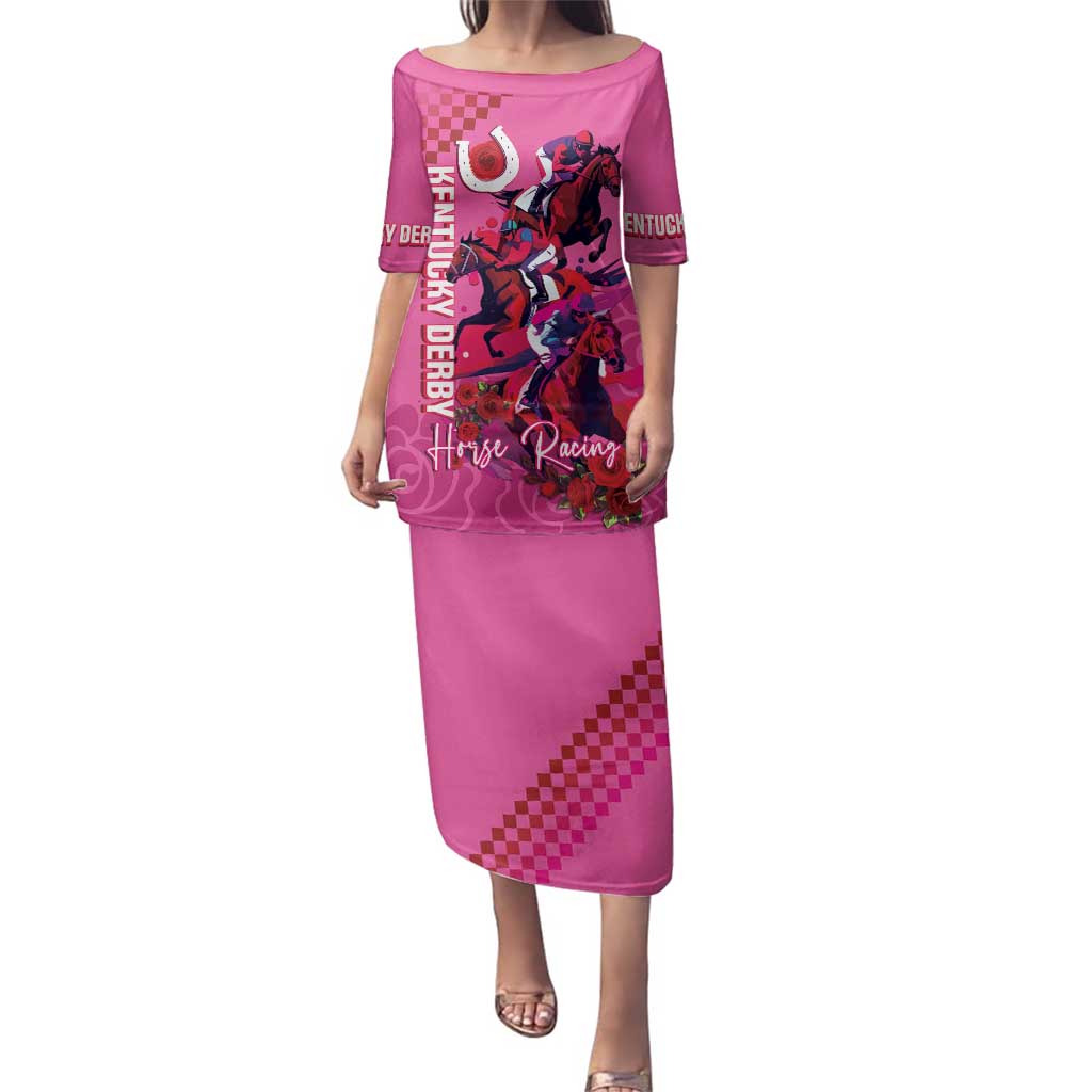 Kentucky Horse Racing Family Matching Puletasi and Hawaiian Shirt 151st Anniversary With Roses - Pink Version LT14