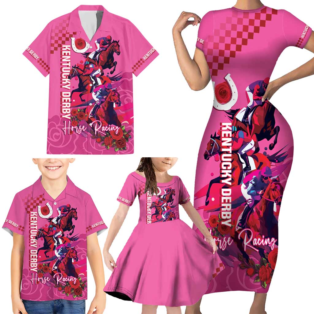Kentucky Horse Racing Family Matching Short Sleeve Bodycon Dress and Hawaiian Shirt 151st Anniversary With Roses - Pink Version LT14