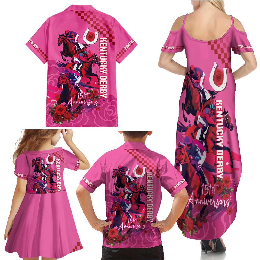 Kentucky Horse Racing Family Matching Summer Maxi Dress and Hawaiian Shirt 151st Anniversary With Roses - Pink Version LT14