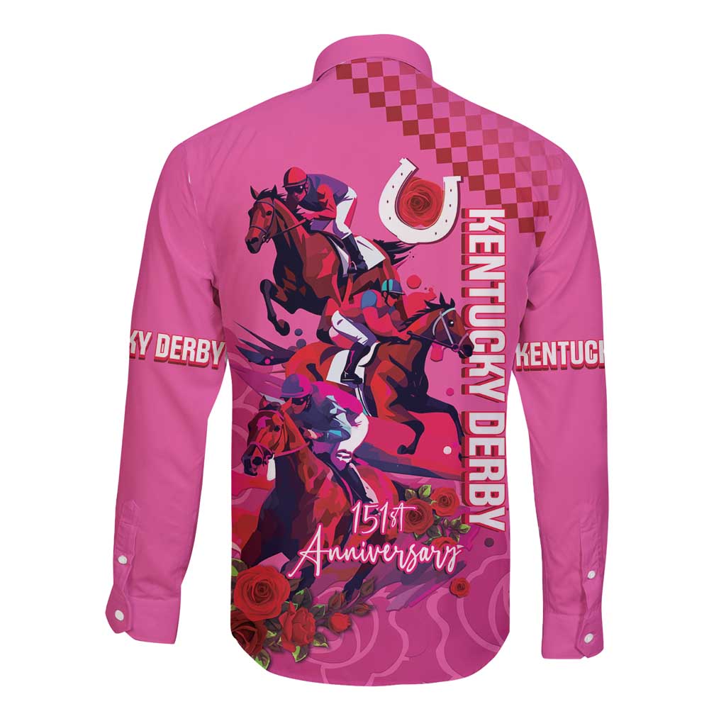 Kentucky Horse Racing Long Sleeve Button Shirt 151st Anniversary With Roses - Pink Version LT14