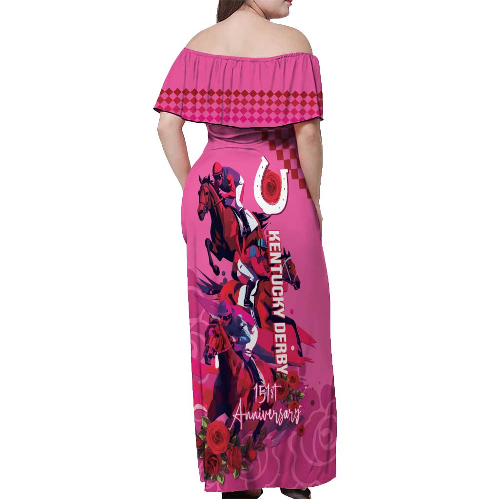 Kentucky Horse Racing Off Shoulder Maxi Dress 151st Anniversary With Roses - Pink Version LT14